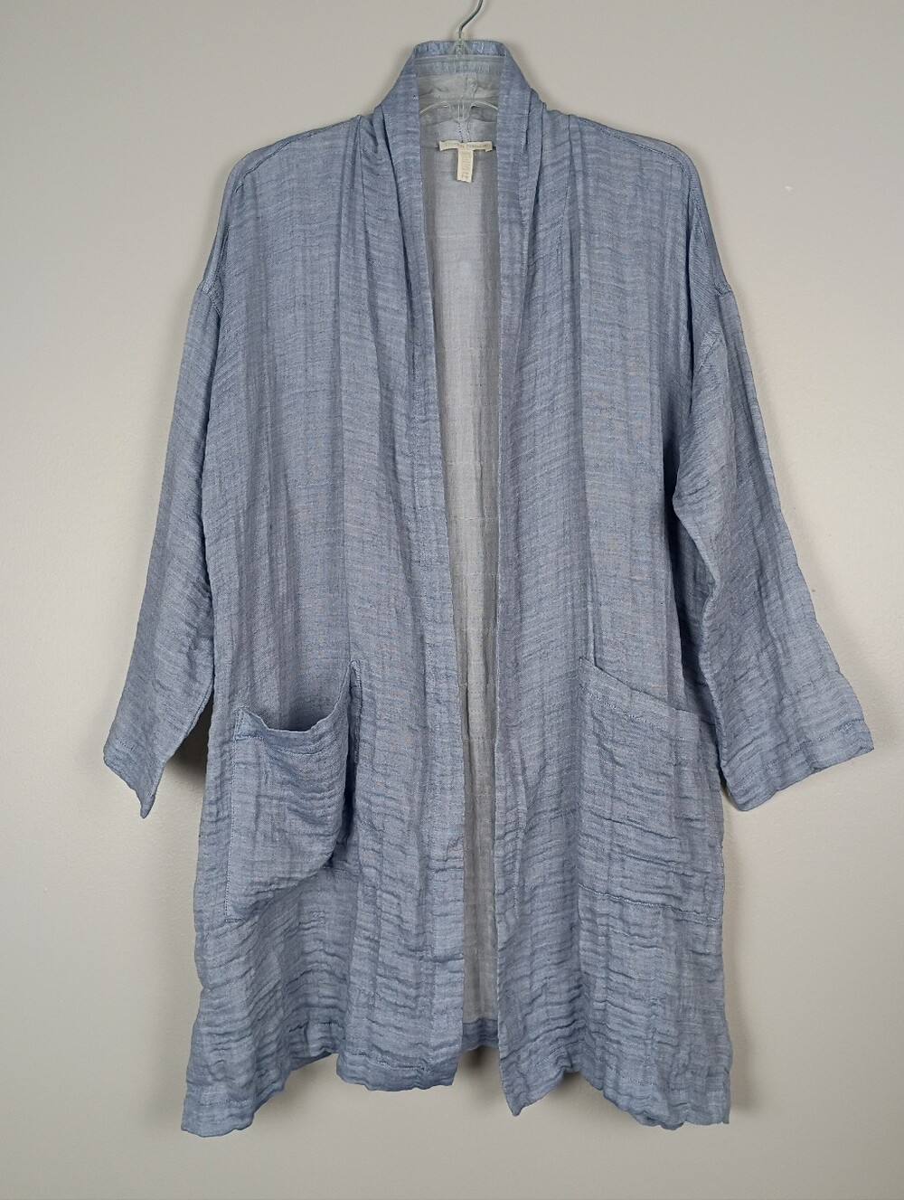 Eileen Fisher Crinkle Gauze Kimono Duster Jacket S/M Blue Lagenlook Lounge